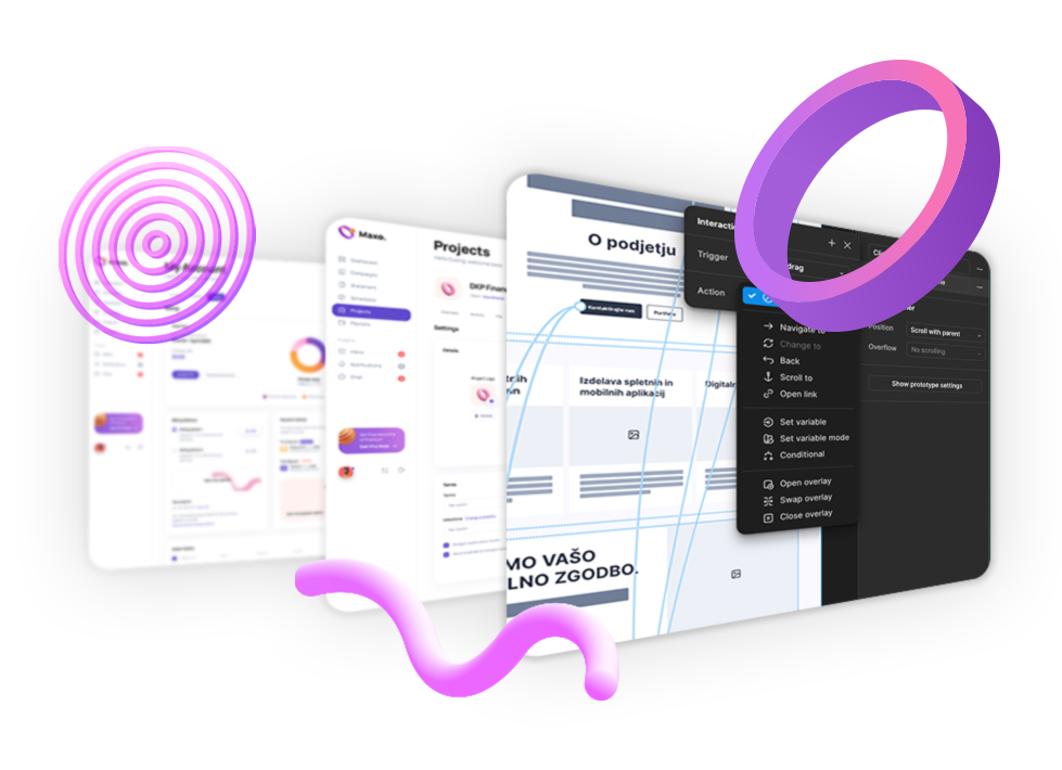 Različni primeri grafičnega oblikovanja, vključno z brošurami, vizitkami, plakati in promocijskimi materiali, ki jih je oblikovalo podjetje Mushin Design.