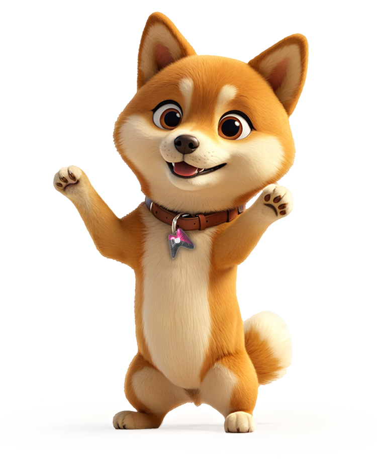 aiko_obesek2 3D ilustracija Shiba Inu maskote Aiko, ki veselo maha in pozdravlja. Čist render z belim ozadjem, primeren za branding in promocijske materiale.