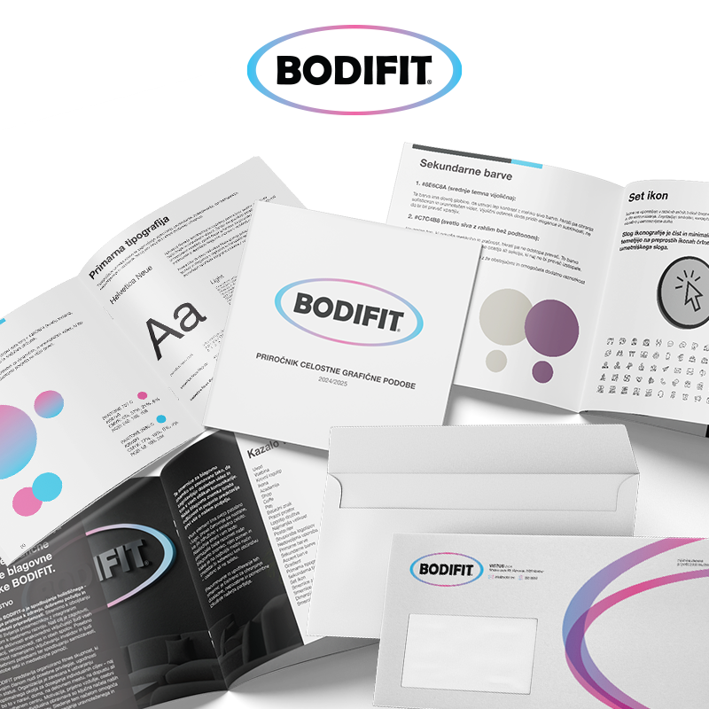 Vizualna predstavitev celostne grafične podobe BODIFIT, vključno z logotipi, barvno paleto, tipografijo in branding materiali za tisk in digitalne medije.