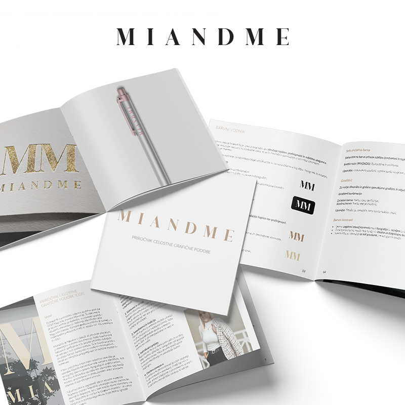 Mockup predstavitev vizualne identitete podjetja QuikWise, ki vključuje CGP priročnik, logotip, digitalne in tiskane materiale ter UX/UI dizajn za spletno stran.