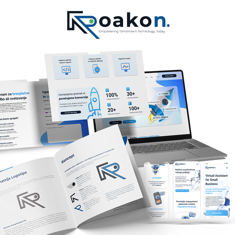 CGP priročnik podjetja Roakon, prikaz logotipa, barvne palete, tipografije in vizualnih smernic. Mushin-Design je razvil celostno grafično podobo, tiskovine, UI/UX dizajn in digitalno strategijo.