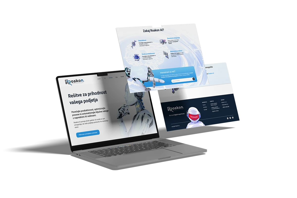 Roakon branding in UI/UX mockup – digitalni materiali in CGP
