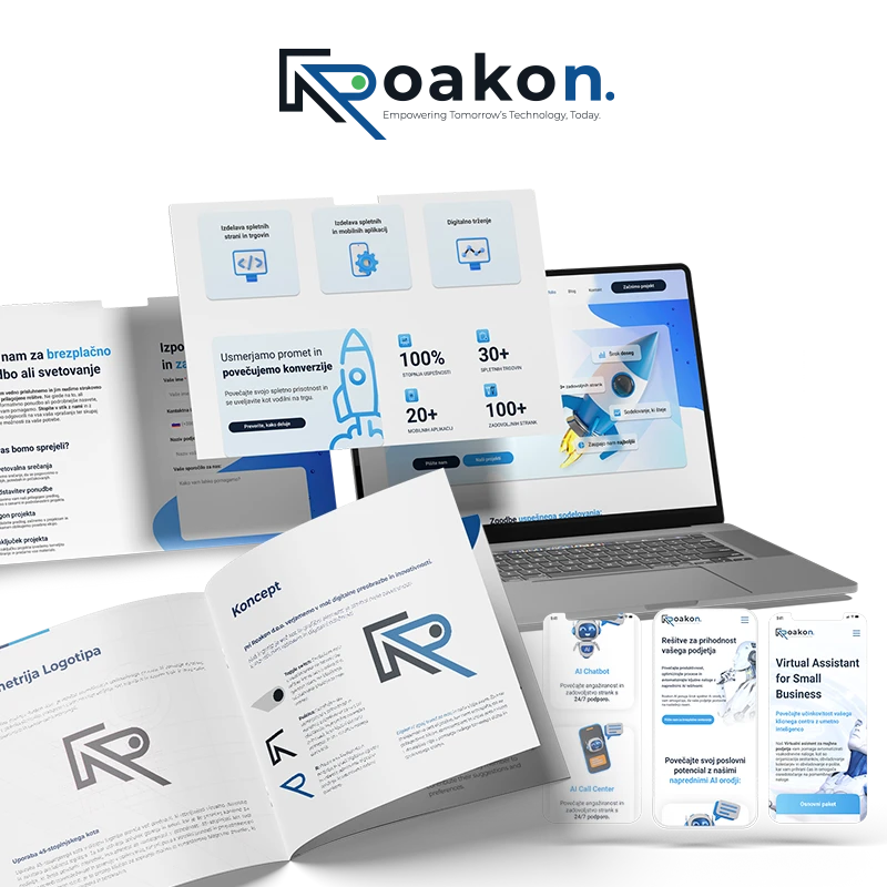 Roakon branding in UI/UX mockup – digitalni materiali in CGP